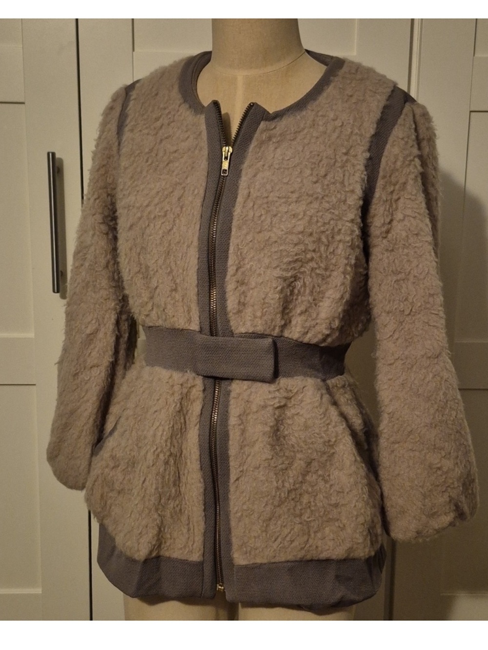 Loeffler Randall Taupe wool blend Sherpa Zip Jacket with Belt
